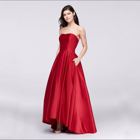 Betsy & Adam Satin Strapless High-Low Ballgown  Color Red Size 2