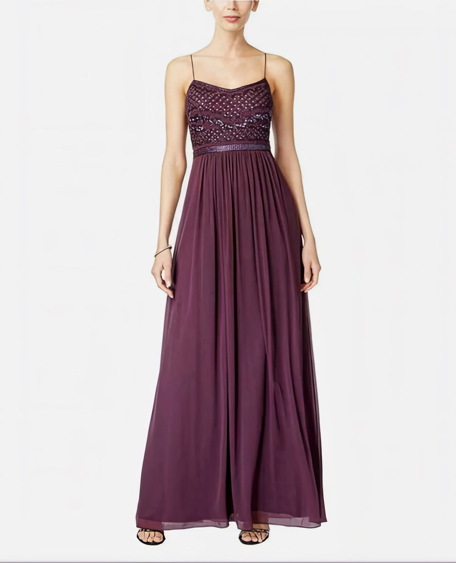 Adrianna Papell Sleeveless Bead Bodice Chiffon Gown  Color Currant Size 14