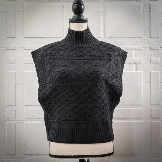 INC International Concepts Women's Mock Neck Cable-Knit Sweater Vest  Color Deep Black Size L