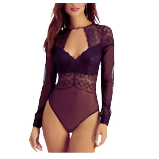 INC International Concepts Women's Sheer Lace Bodysuit  Color Dark Merlot Size L