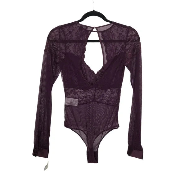 INC International Concepts Women's Sheer Lace Bodysuit  Color Dark Merlot Size L