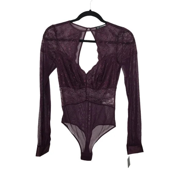 INC International Concepts Women's Sheer Lace Bodysuit  Color Dark Merlot Size L