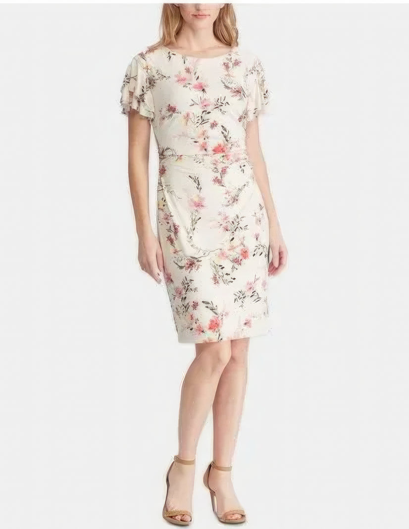 Lauren Ralph Lauren Petite Latoya Floral Ruffle Sleeve Party Dress  Color Cashew/Pink Size 10P