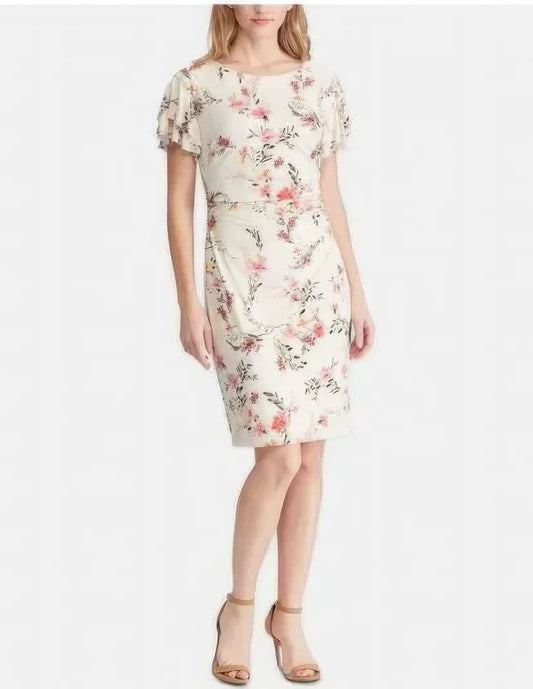 Lauren Ralph Lauren Petite Latoya Floral Ruffle Sleeve Party Dress  Color Cashew/Pink Size 6P