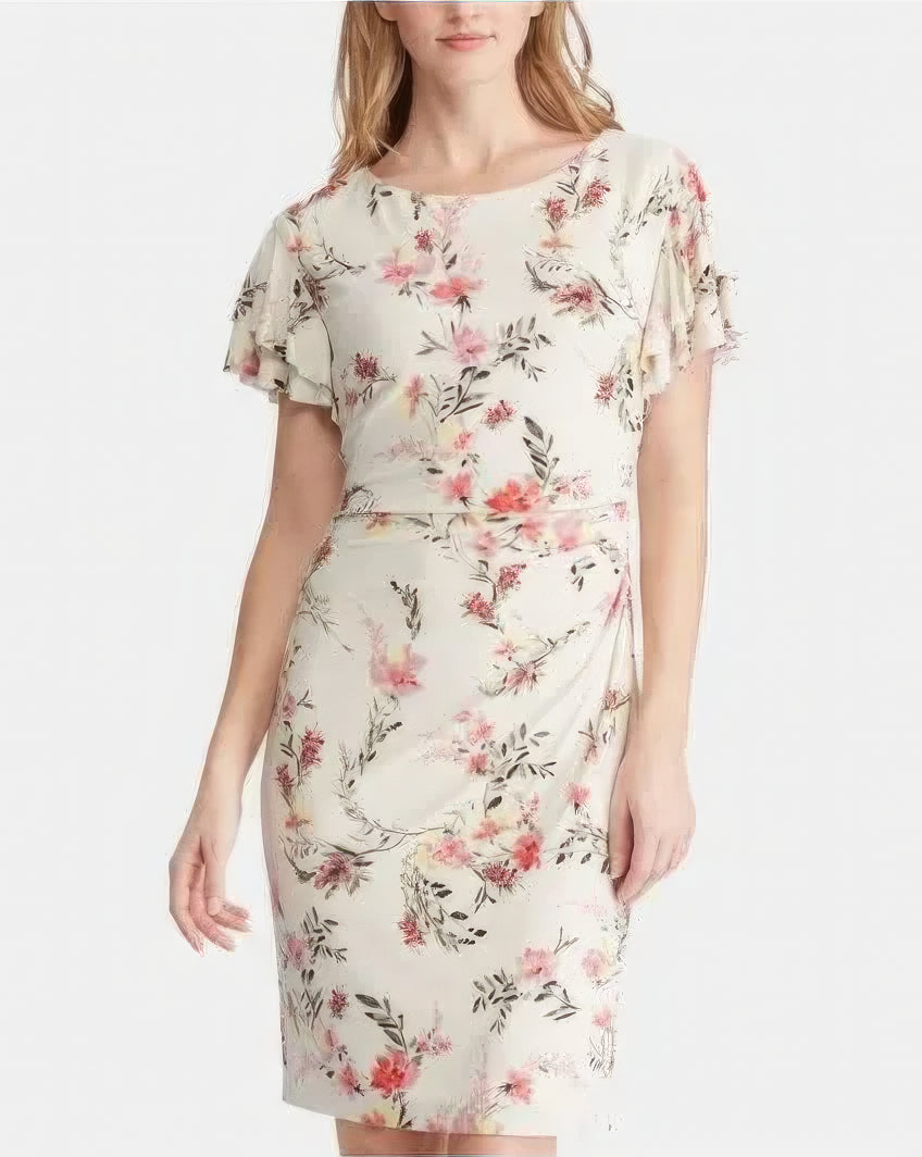 Lauren Ralph Lauren Petite Latoya Floral Ruffle Sleeve Party Dress  Color Cashew/Pink Size 10P