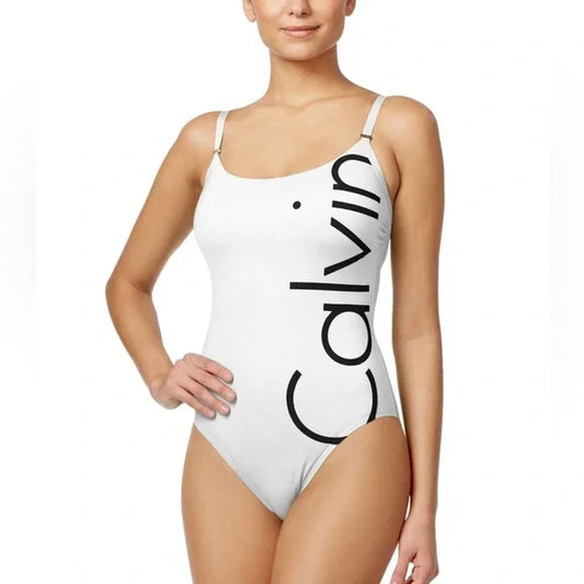 Calvin Klein Logo Classic One Piece Swimsuit Color White Size 16