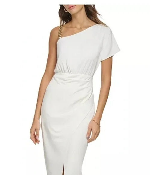 GUESS Women's One-Shoulder-Chain Slit-Front Sheath Dress  Color White Size 12