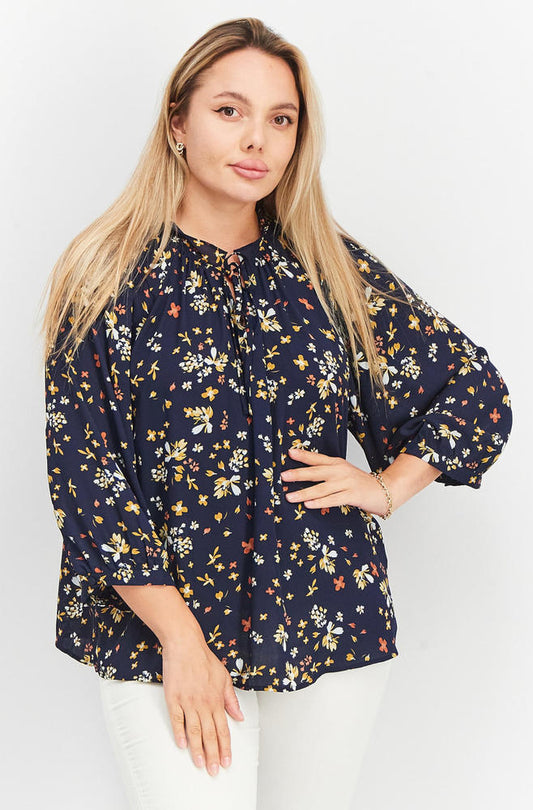 VINCE CAMUTO Women's Floral-Print Balloon-Sleeve Top  Color Classic Navy Size XS