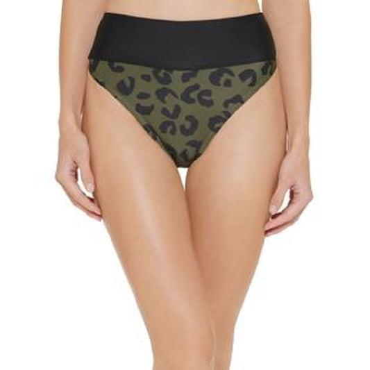 DKNY Printed High-Waist Bikini Bottoms  Color Block Leopard Moss Green Size L