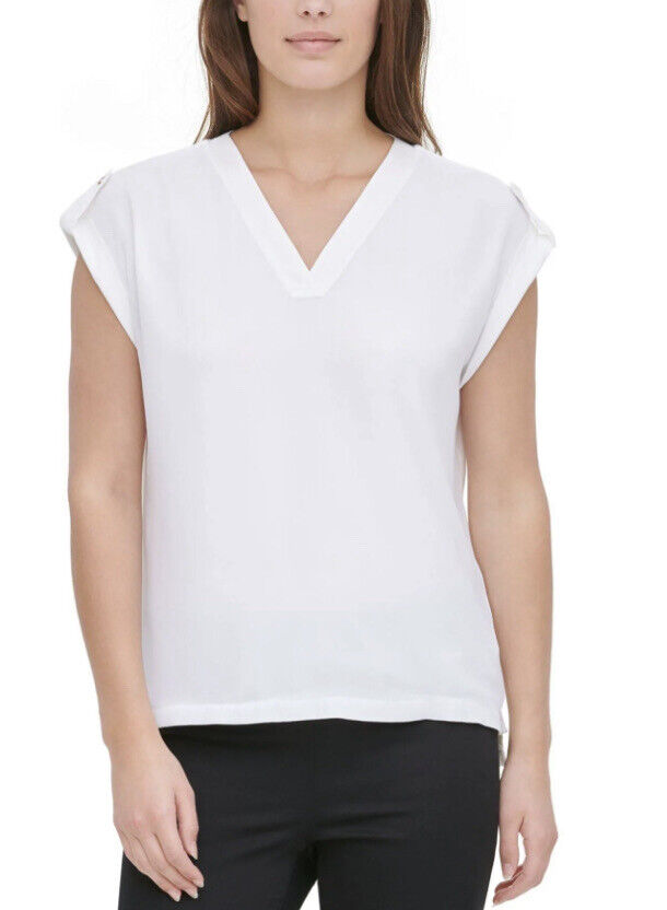 Calvin Klein Jeans Women's Mixed-Media V-Neck Top  Color White Size M