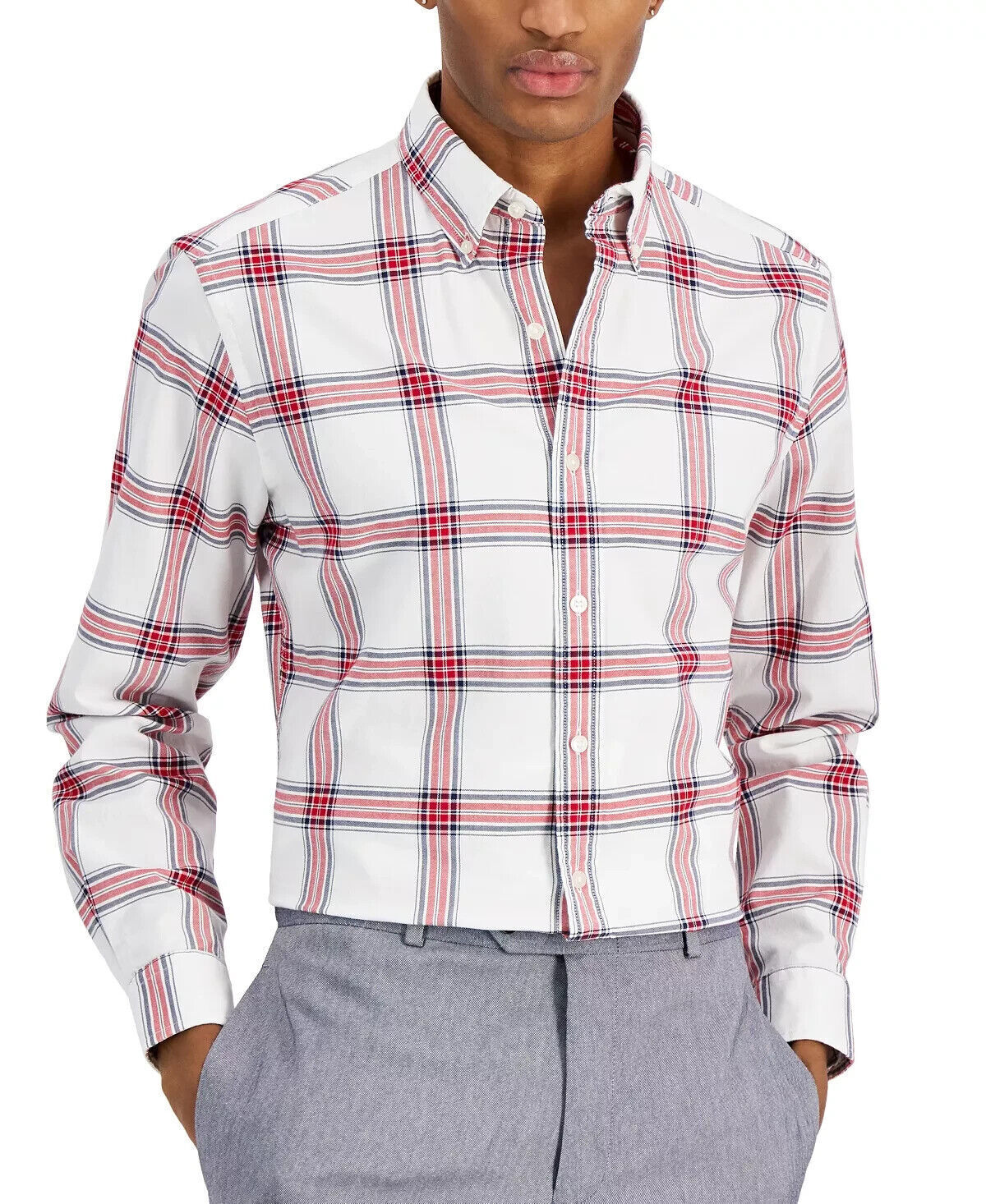 Club Room Men's Slim-Fit Stretch Holiday Shirt  Color White/Red Size L