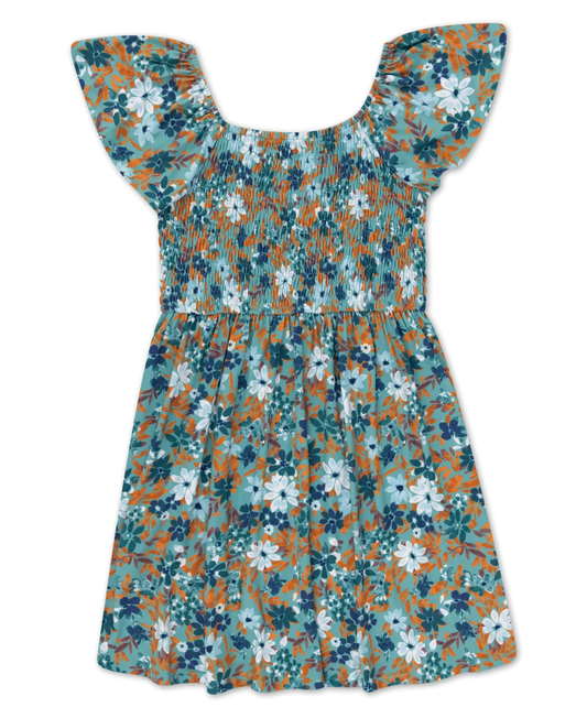 Speechless Girls Floral Smocked Bodice Fit & Flare Dress  Color Teal/Brown Size 8