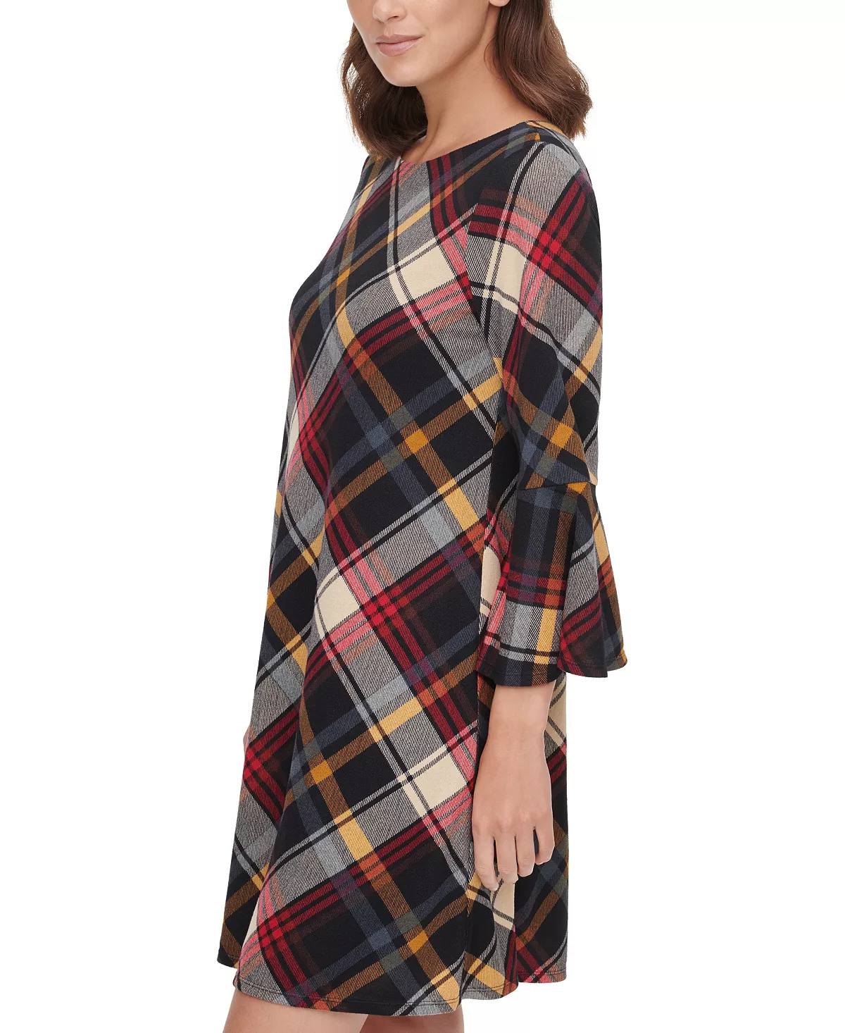 Jessica Howard Petite Plaid Bell-Sleeve Dress  Color Red Multi Size PM