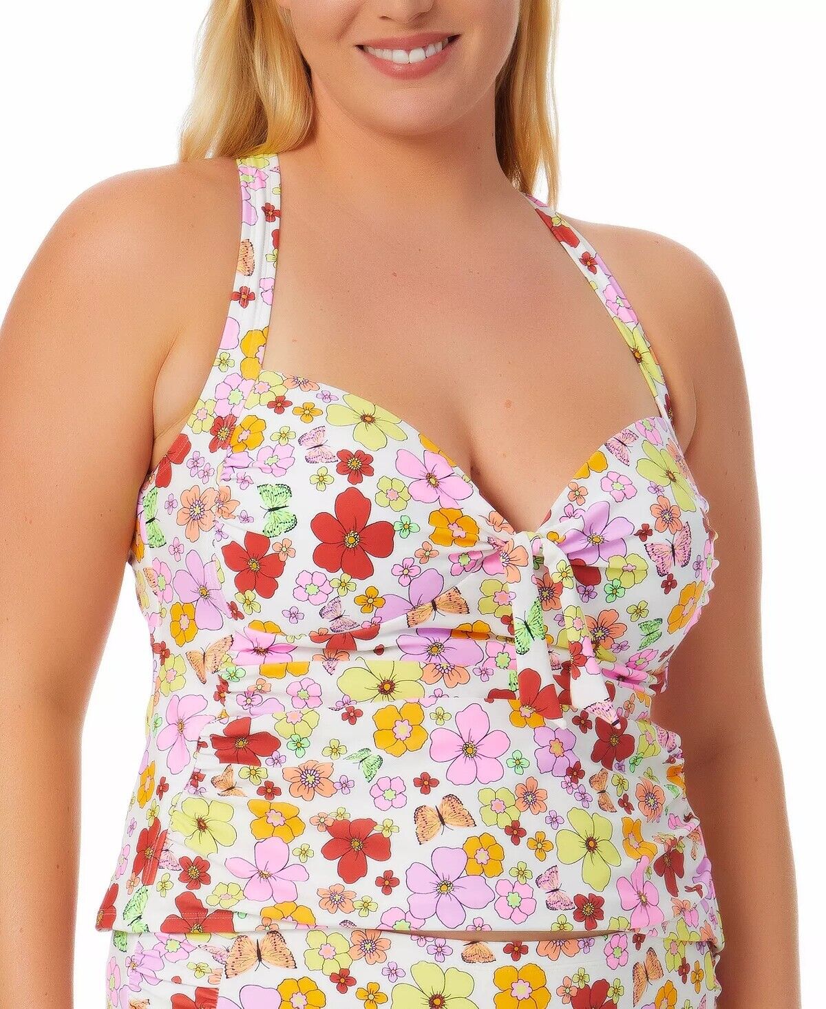 California Waves Trendy Plus Size Floral-Print Floral Flutter Tankini Top  Color White Multi Size 2X