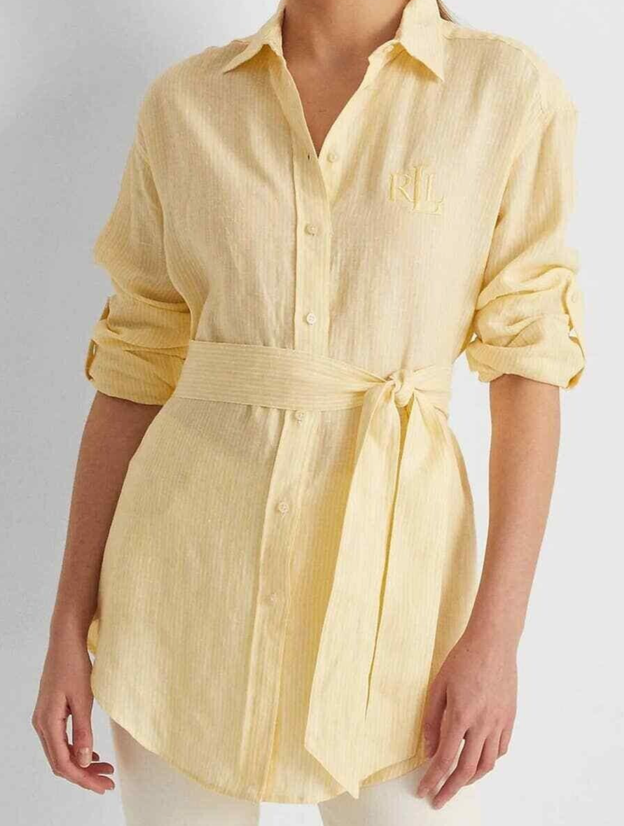 Lauren Ralph Lauren Women's Striped Logo Linen Shirt  Color Wicket Yellow/White Size L