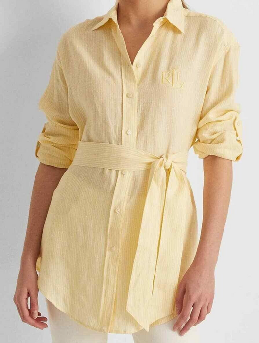 Lauren Ralph Lauren Women's Striped Logo Linen Shirt  Color Wicket Yellow/White Size L