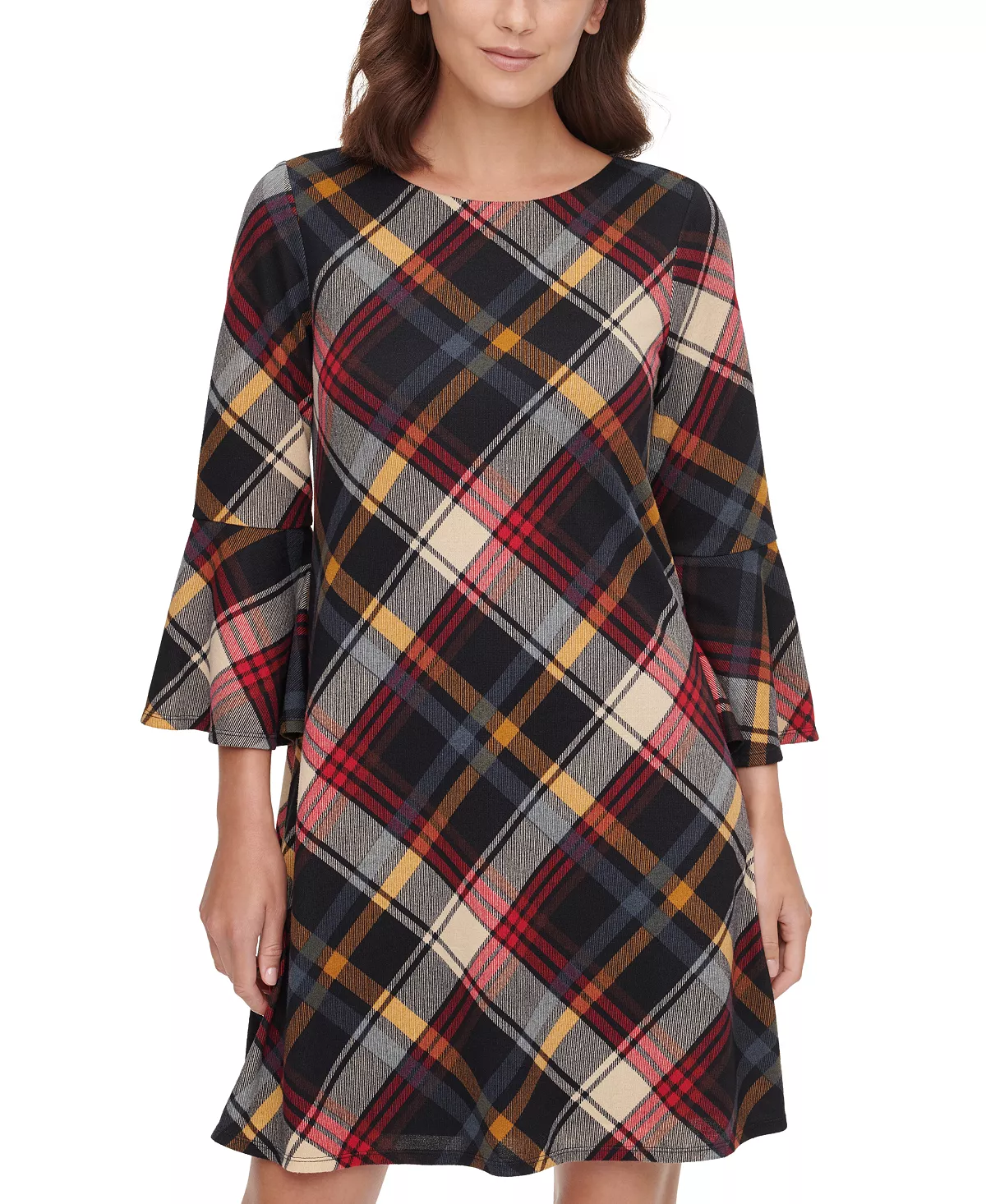 Jessica Howard Petite Plaid Bell-Sleeve Dress  Color Red Multi Size PM