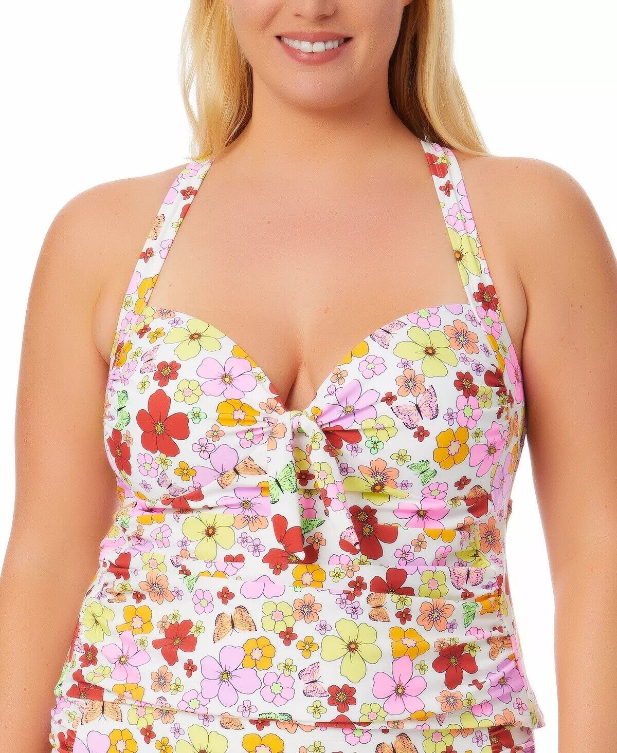 California Waves Trendy Plus Size Floral-Print Floral Flutter Tankini Top  Color White Multi Size 2X