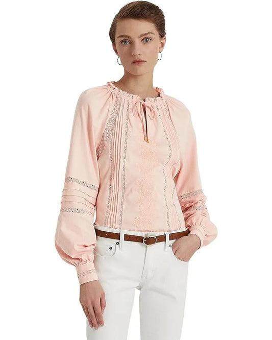 Lauren Ralph Lauren Women's Uptown Jersey Cotton Embroidery Detail Top Color Pink Size L