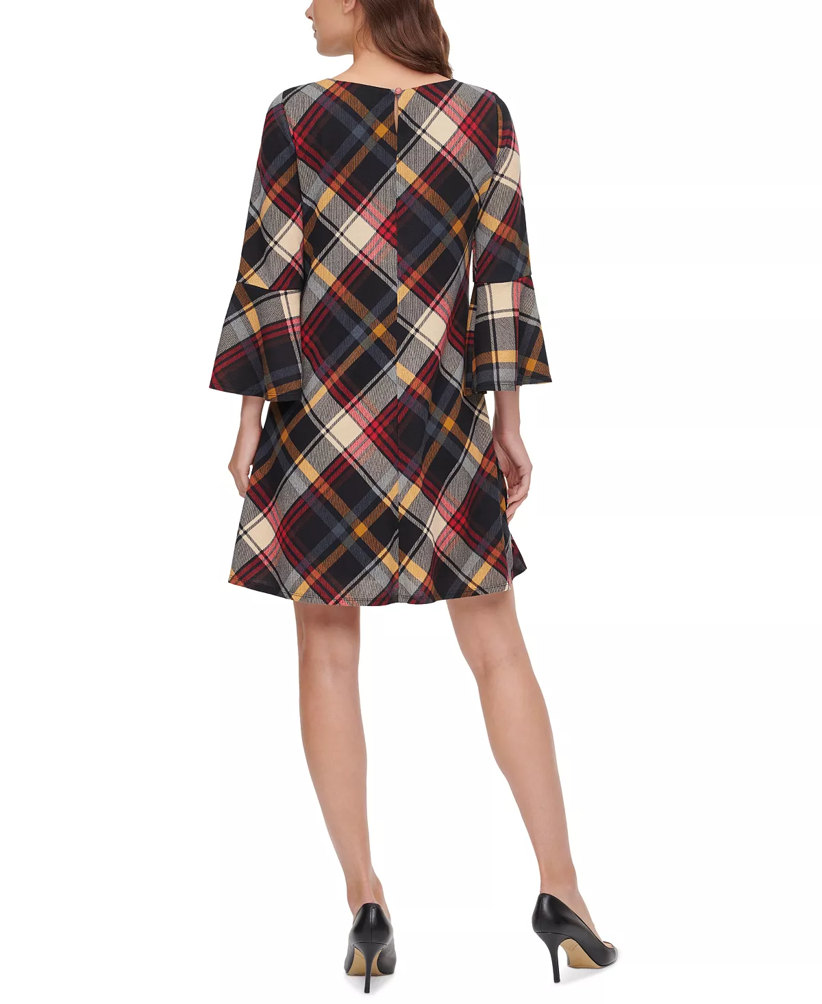 Jessica Howard Petite Plaid Bell-Sleeve Dress  Color Red Multi Size PM