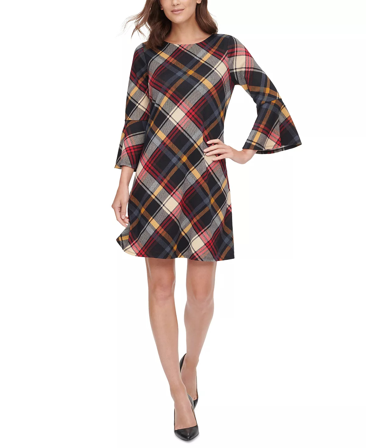 Jessica Howard Petite Plaid Bell-Sleeve Dress  Color Red Multi Size PM