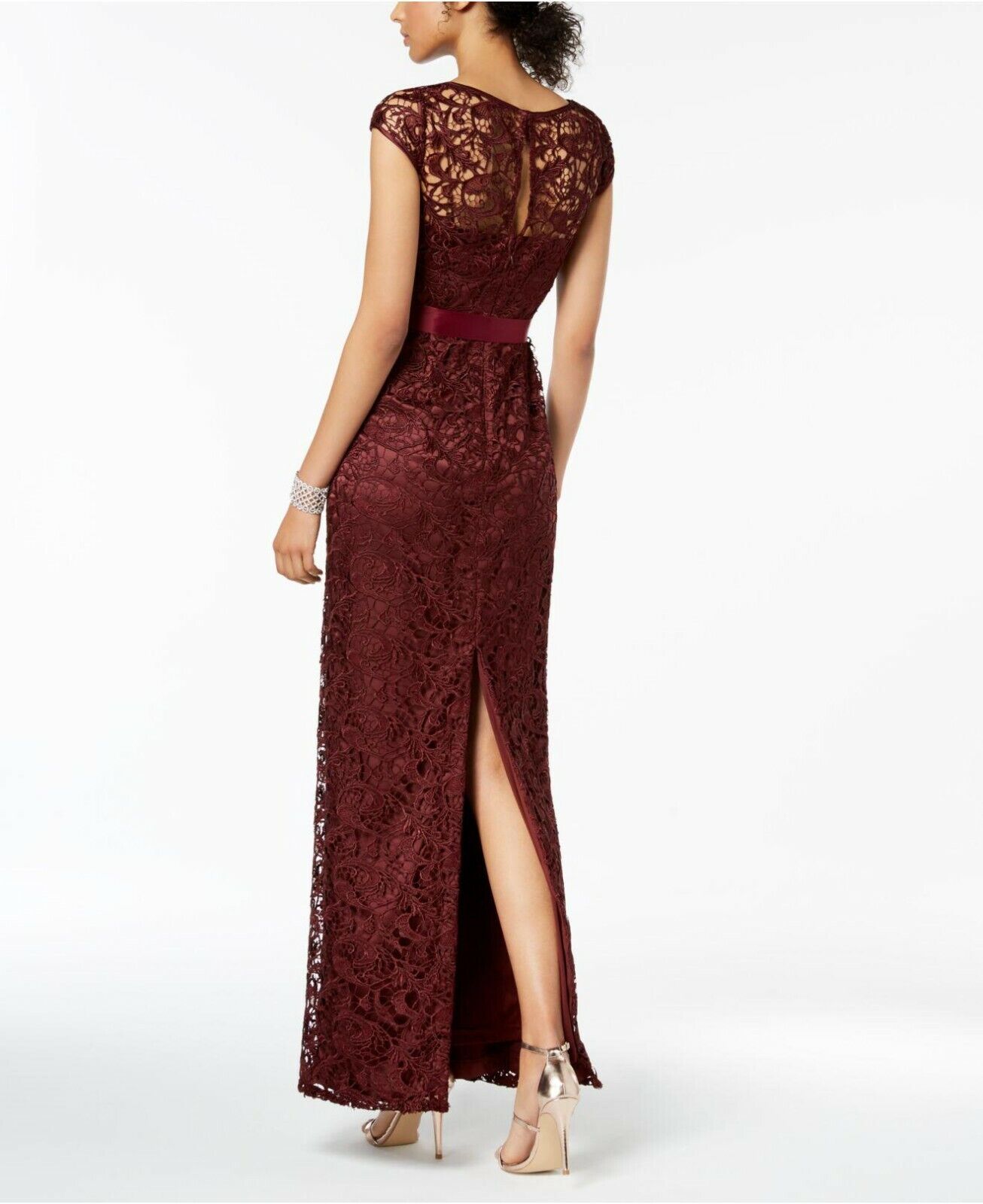 Adrianna Papell Women's Belted Illusion Long Lace Gown  Color Deep Wine Size 14