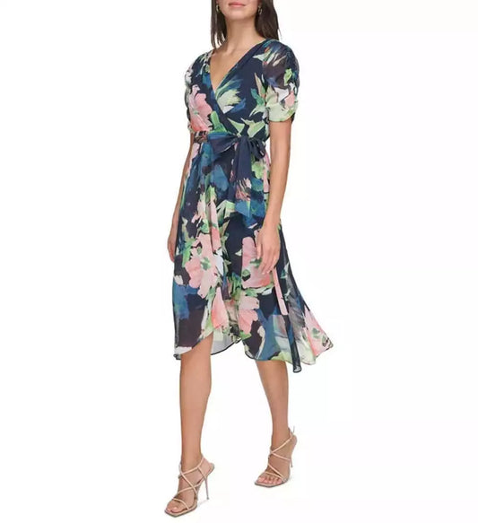 DKNY Women's Floral Tie-Waist Ruched-Sleeve Dress  Color Navy Multi Size 10