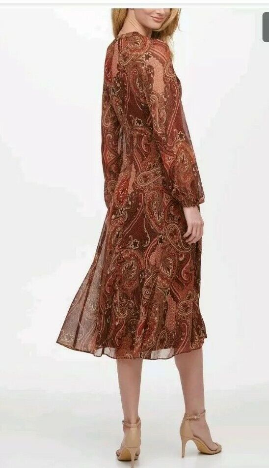 Tommy Hilfiger Balloon-Sleeve Paisley-Print Midi Dress  Color Black/Cinnamon Size 4