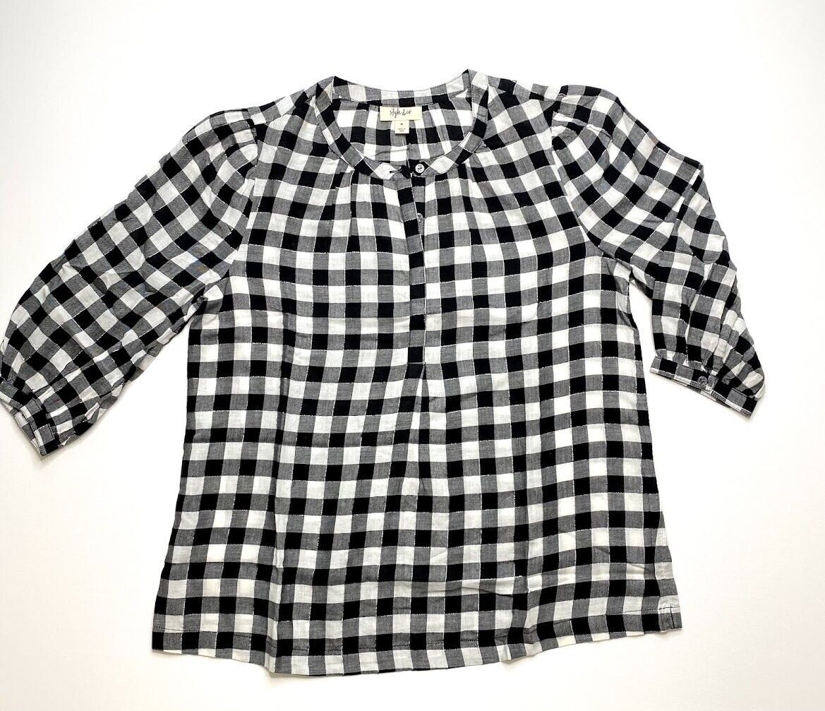 Style & Co Women's Buffalo Plaid Shirt Top Color Metallic Sparkle Size L