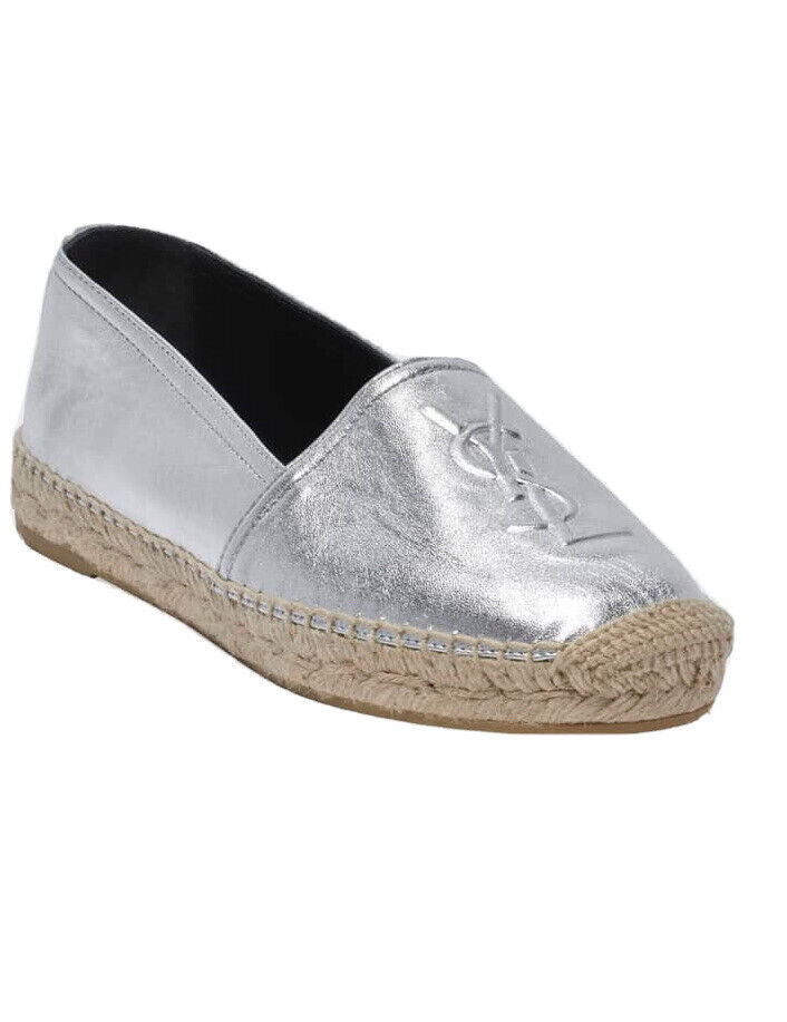 YSL Saint Laurent Womens Logo Leather Espadrilles Slip-on Shoe  Color Gold-Tone Glitter Size 4.5/EU35+