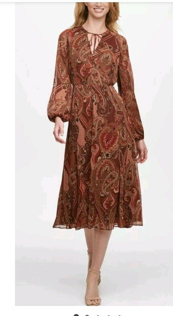 Tommy Hilfiger Balloon-Sleeve Paisley-Print Midi Dress  Color Black/Cinnamon Size 4