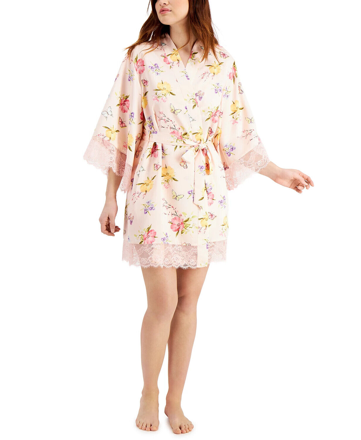 INC International Concepts Women's Lace-Trim Floral Wrap Robe  Color Butterfly Flora Size S