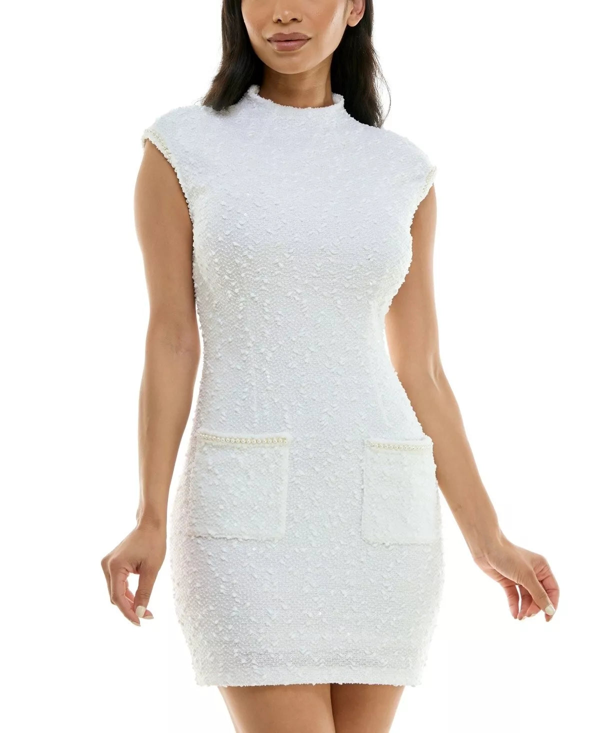 B Darlin Juniors Bouclé-Knit Faux-Pearl-Trim Dress  Color White Size 9/10