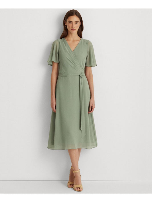 Lauren Ralph Lauren Women's Georgette Flutter-Sleeve Dress  Color Lily Pad Size 16