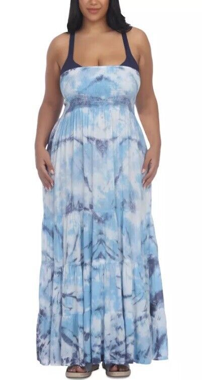 Raviya Plus Size Strapless Tiered Tie-Dyed Maxi Cover-up Dress  Color Sky Tie Dye Size 0X