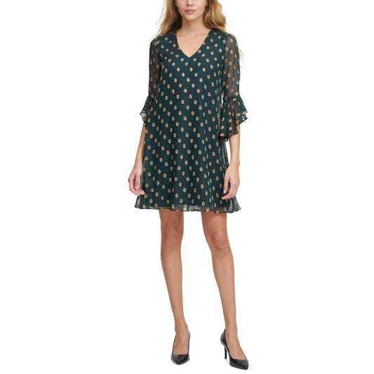 Calvin Klein Dot-Print Ruffle-Sleeve Mini Dress  Color Malachite/Gold Size 10