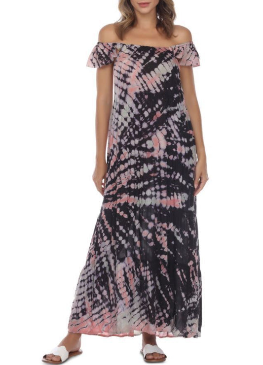 Raviya Women's Black Tie-Dye Maxi Cover-up Dress Swimsuit  Color Black Multi Size M