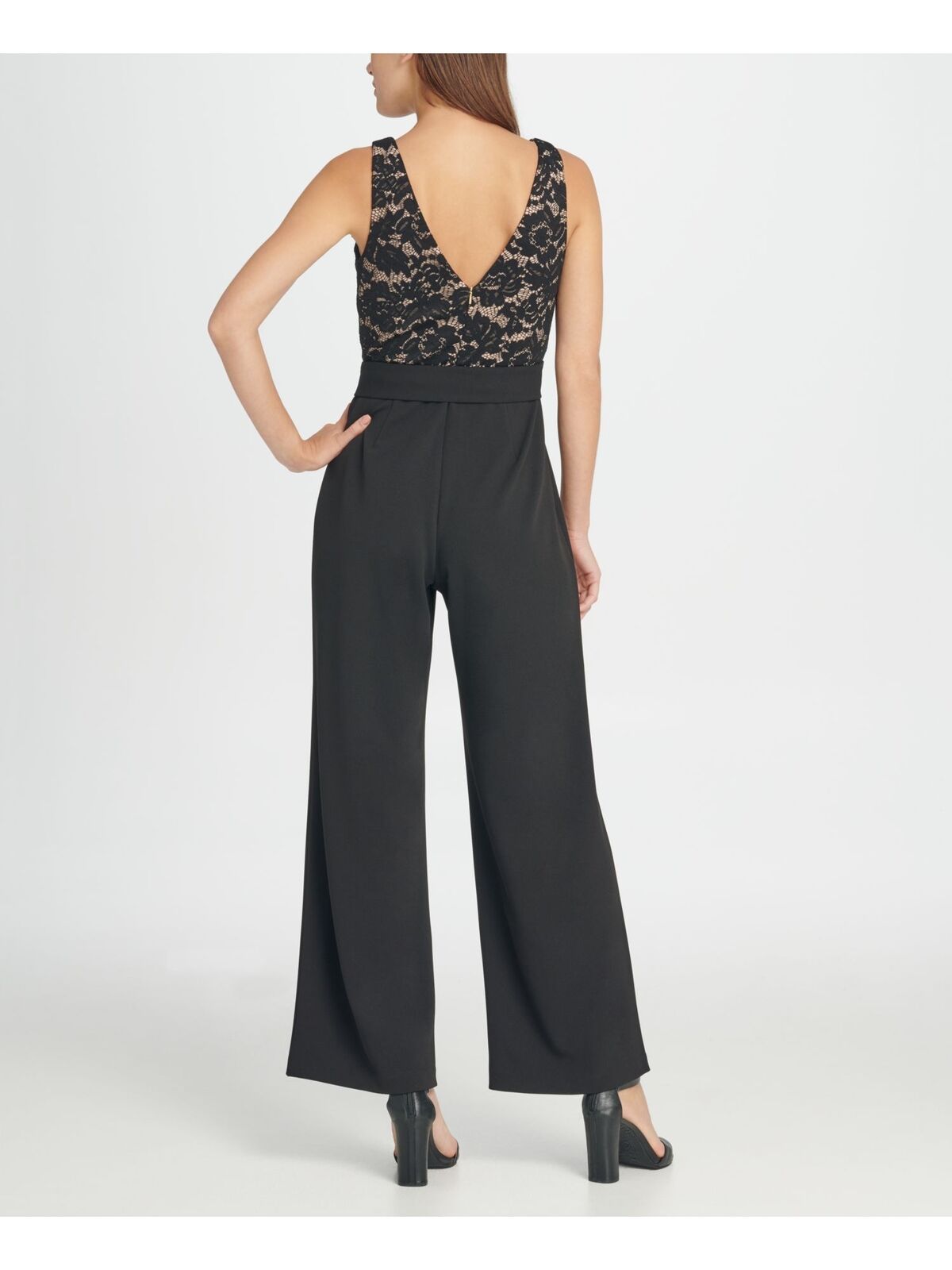 DKNY Women's V-Neck Lace Top Jumpsuit  Color Black/Nude Size 6