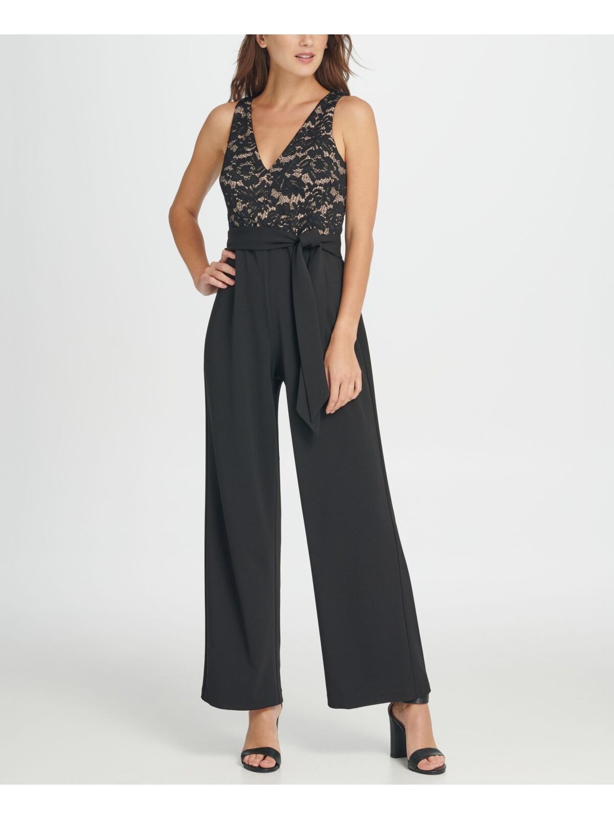 DKNY Women's V-Neck Lace Top Jumpsuit  Color Black/Nude Size 6