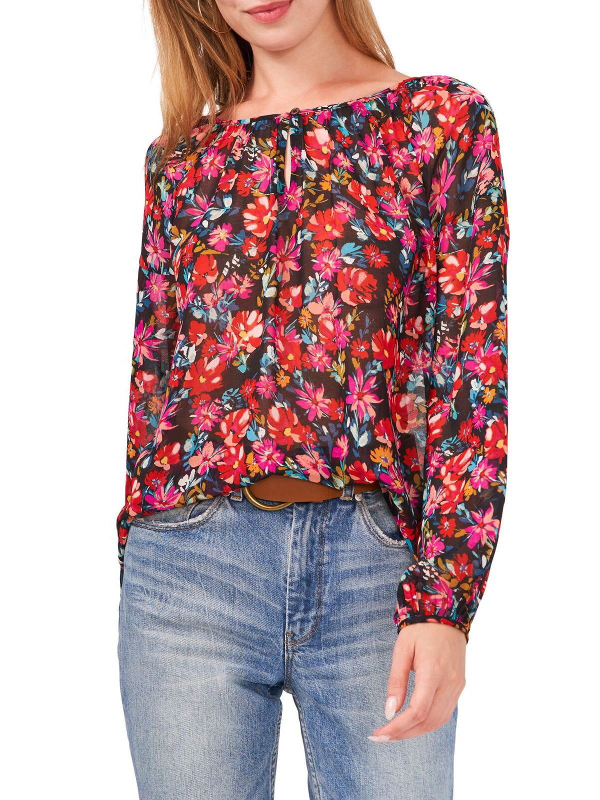 Vince Camuto Women's Long Sleeve Floral Peasant Blouse  Color Rich Black Size M