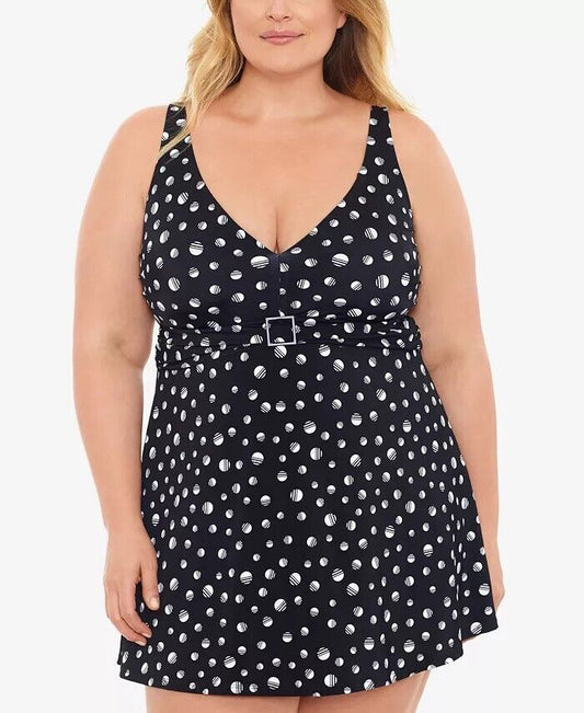 Swim Solutions Plus Empire-Banded Tummy-Control Swimdress  Color Marble Dots Black Size 24W