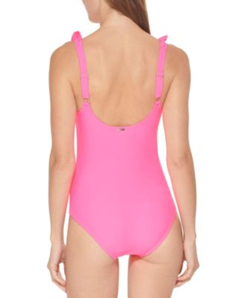 DKNY Ruffle Plunge Underwire One-Piece Swimsuit  Color Neon Pink Size 14