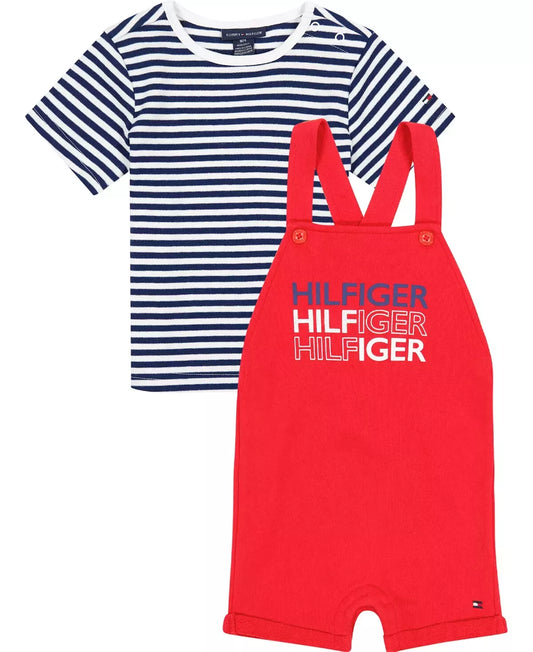 Tommy Hilfiger Baby Boys Knit Shortall Striped T-Shirt, 2 Piece Set  Color Red Size 12 months