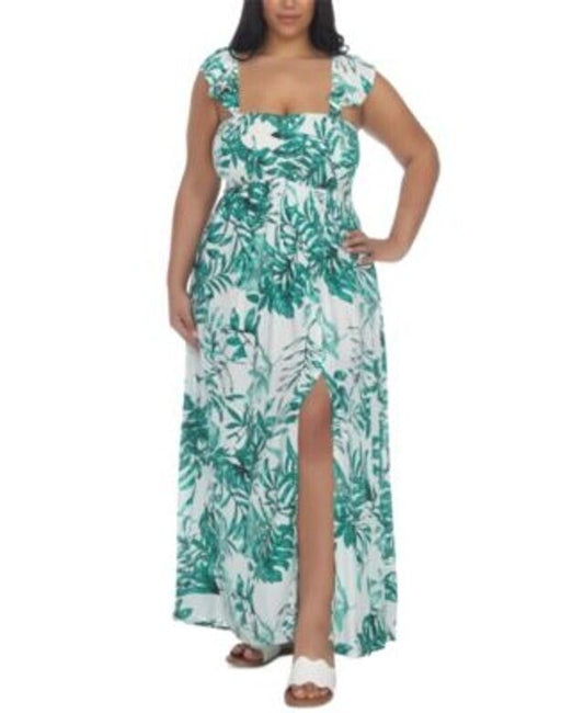 Raviya Plus Size Floral-Print Smocked-Bodice Maxi Dress Cover-Up  Color Green Size 0X