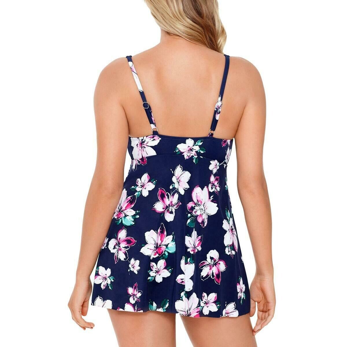 Swim Solutions Printed Flyaway Tummy Control Swimdress  Color Floral Navy Size 12