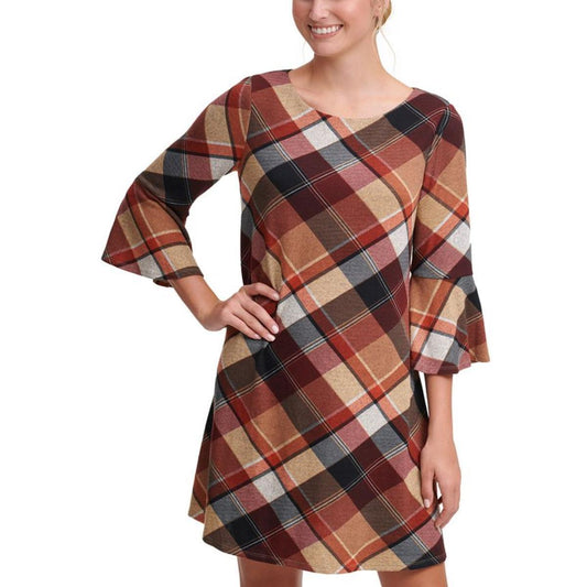 Jessica Howard Petite Plaid Bell-Sleeve Dress  Color Red Multi Size PS