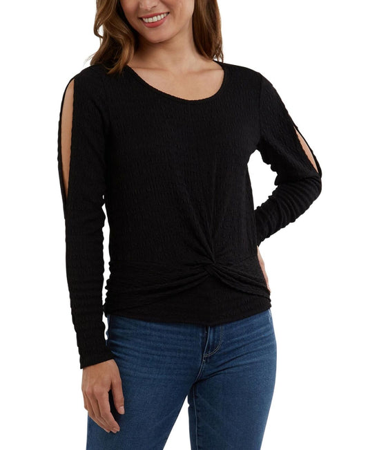 BCX Juniors Twist-Front Split-Sleeve Round Neck Top  Color Black Size XL