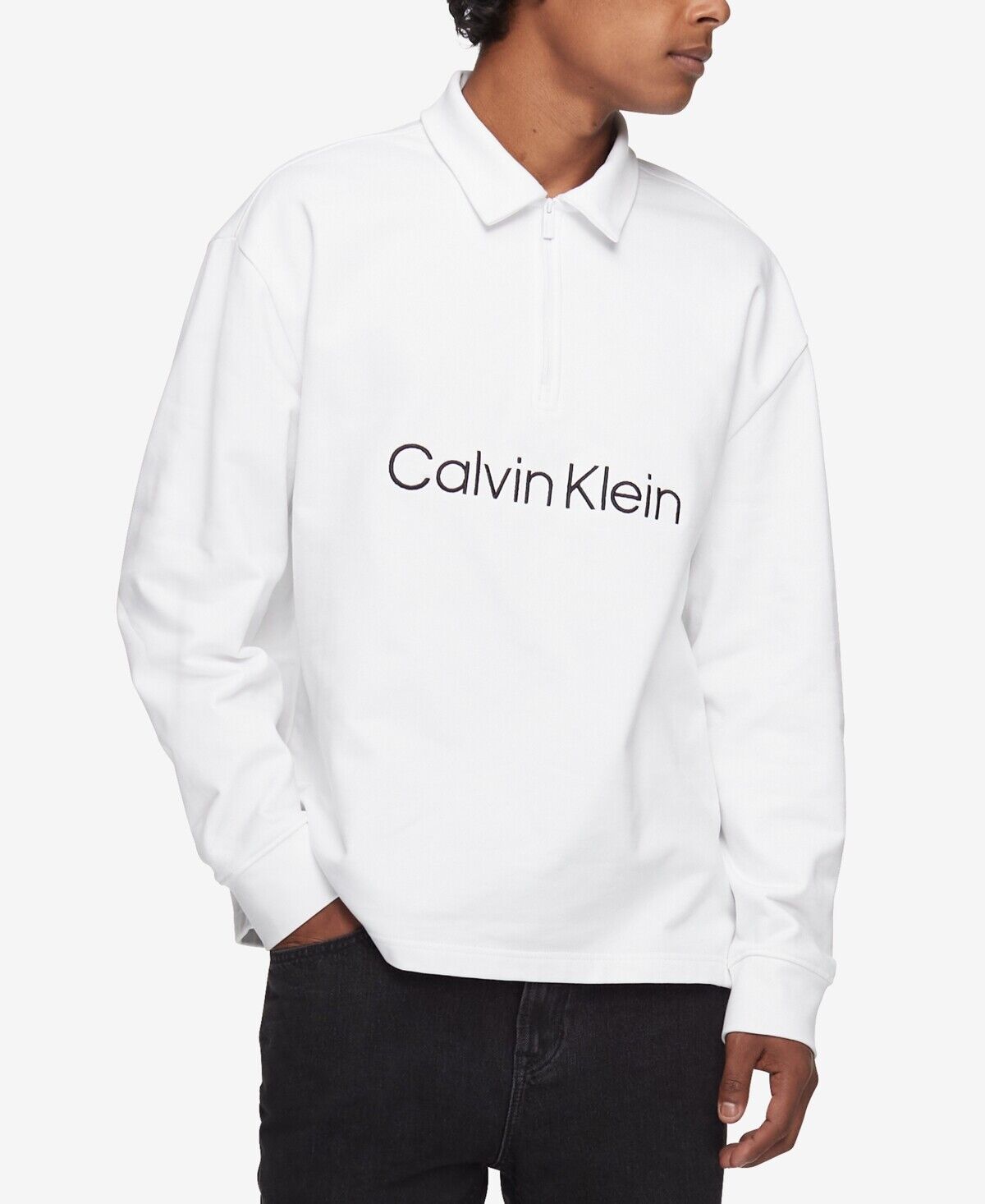 Calvin Klein Men's Embroidered Long Sleeve Polo Shirt  Color Brilliant White Size 2XL