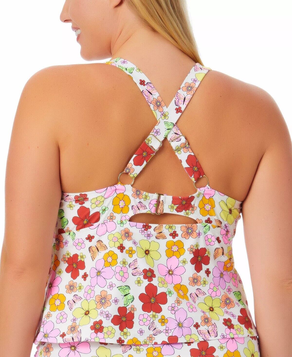 California Waves Trendy Plus Size Floral-Print Floral Flutter Tankini Top  Color White Multi Size 2X