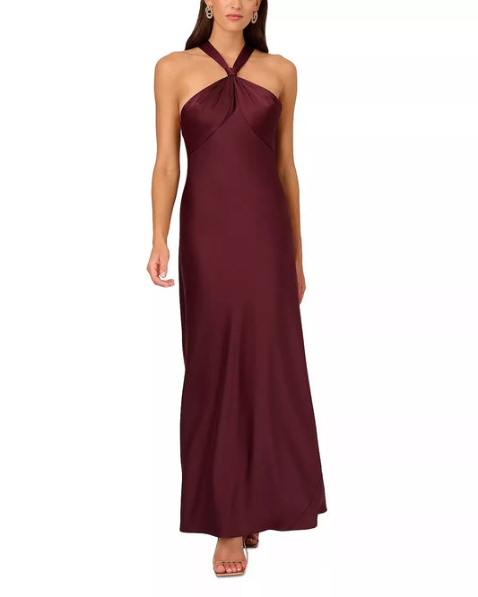 Liv Foster Knotted Satin Halter Gown  Color Bordeaux Size 10